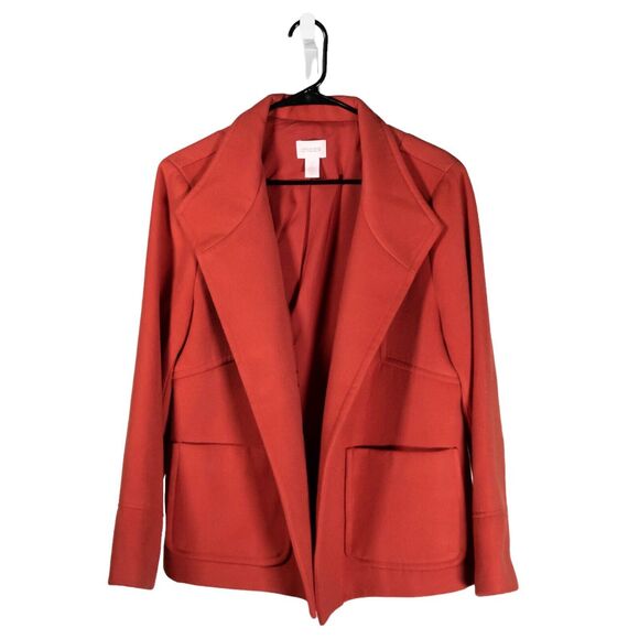 Chico's Women's Coat Orange Open Front Stretch Pockets Long Sleeve Jacket 2 L/12 - Picture 1 of 8